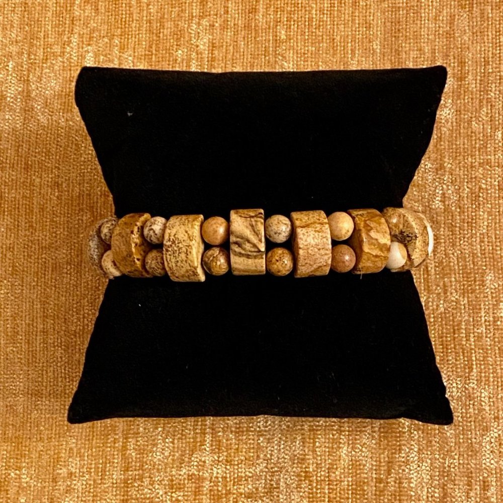Carved Jasper Earth-tones Geometric Bracelet, 7"